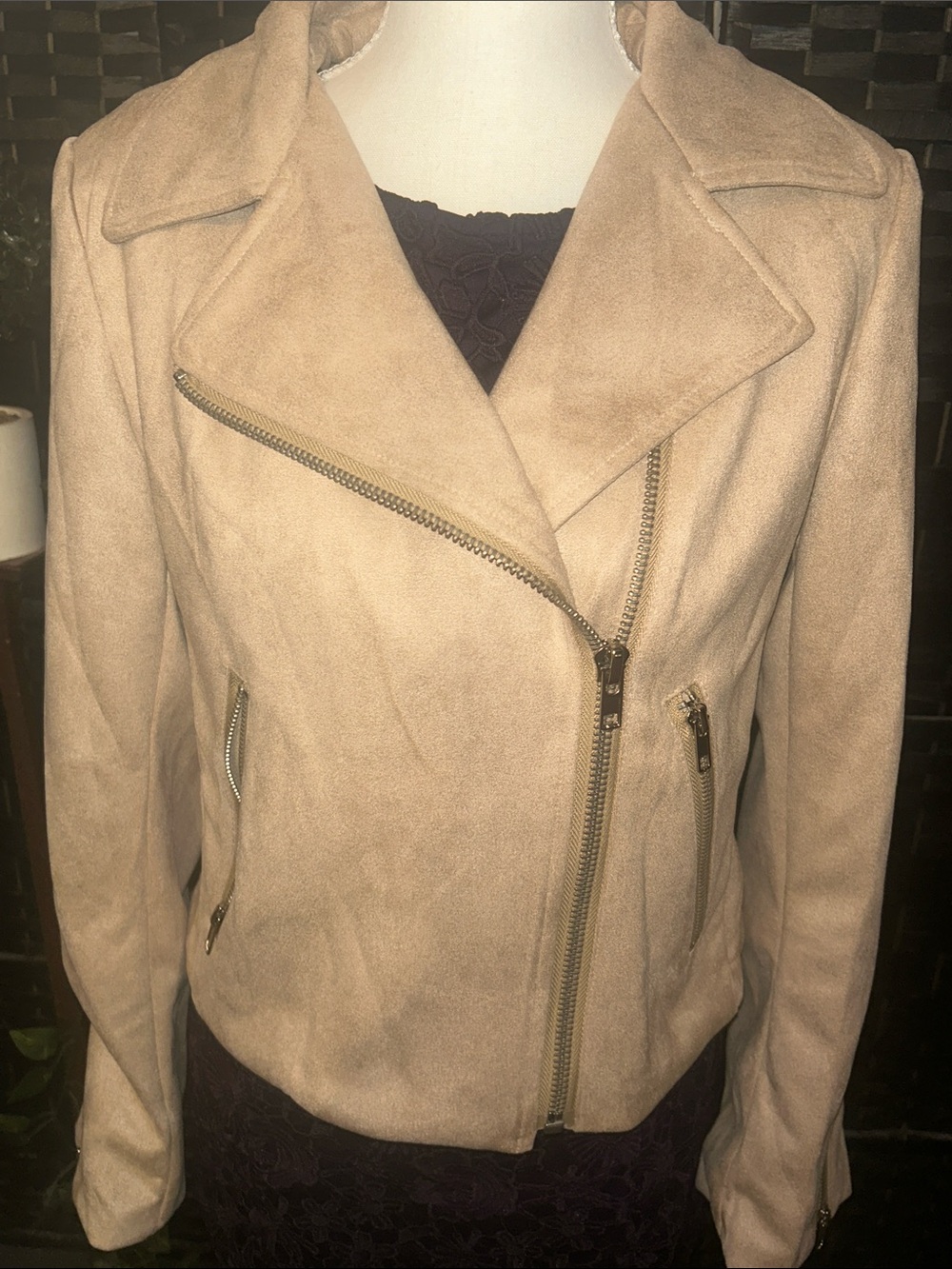 Women's Asymmetrical Faux Suede Moto Jacket in Light Beige